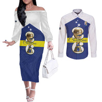 Personalized Curacao Football Couples Matching Off The Shoulder Long Sleeve Dress and Long Sleeve Button Shirt 2026 The Blue Wave is Rising - Wonder Print Shop
