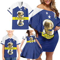Personalized Curacao Football Family Matching Off Shoulder Short Dress and Hawaiian Shirt 2026 The Blue Wave is Rising - Wonder Print Shop