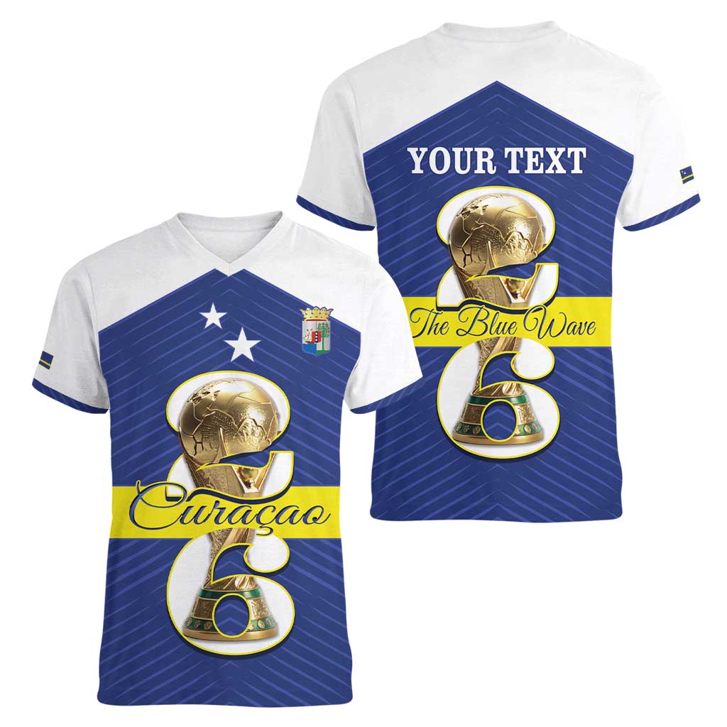 Personalized Curacao Football Women V-Neck T-Shirt 2026 The Blue Wave is Rising - Wonder Print Shop