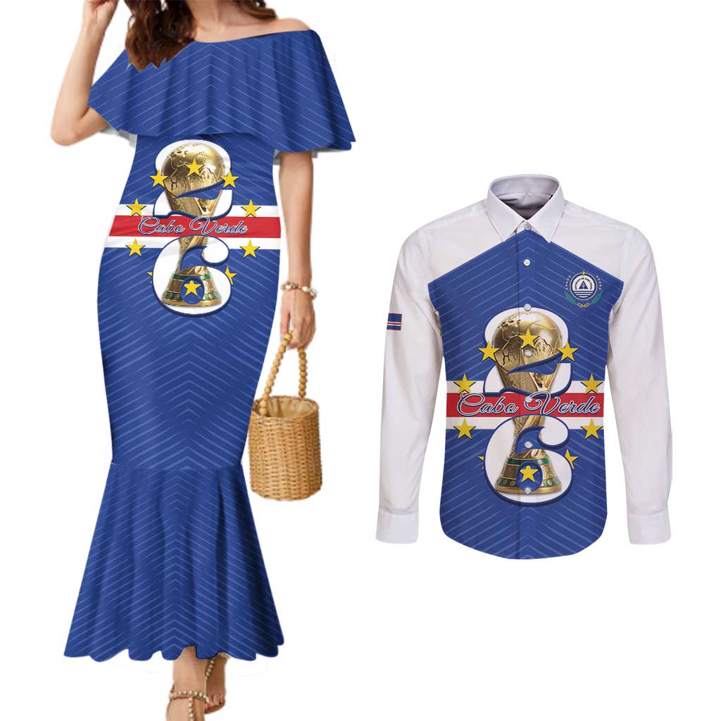 Personalized Cape Verde Football Couples Matching Mermaid Dress and Long Sleeve Button Shirt 2026 Tubaroes Azuis First-ever World Cup - Wonder Print Shop