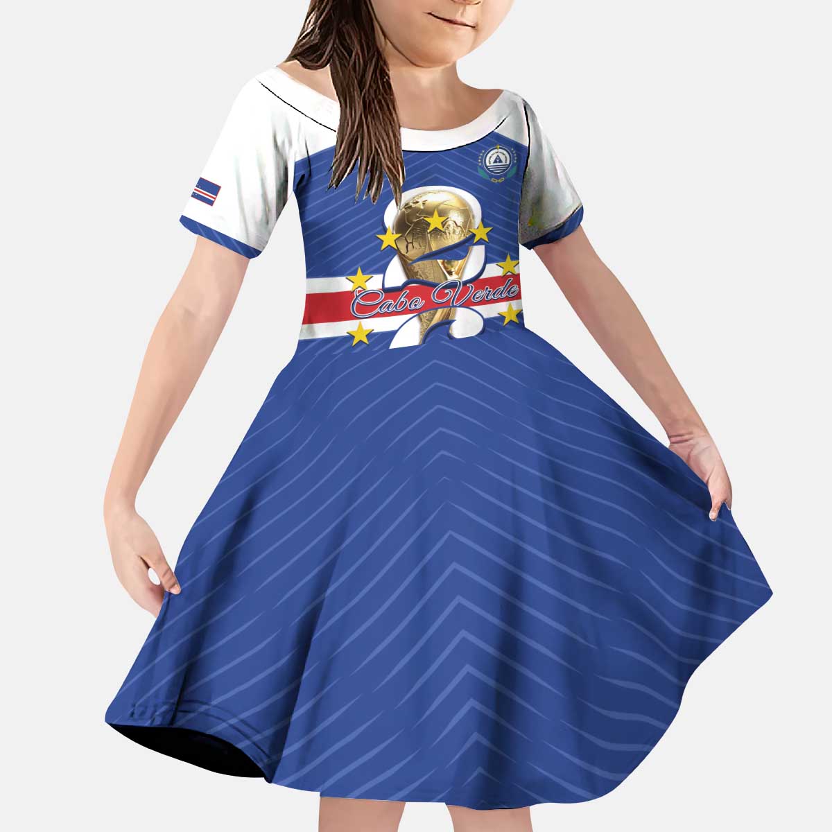 Personalized Cape Verde Football Kid Short Sleeve Dress 2026 Tubaroes Azuis First-ever World Cup - Wonder Print Shop