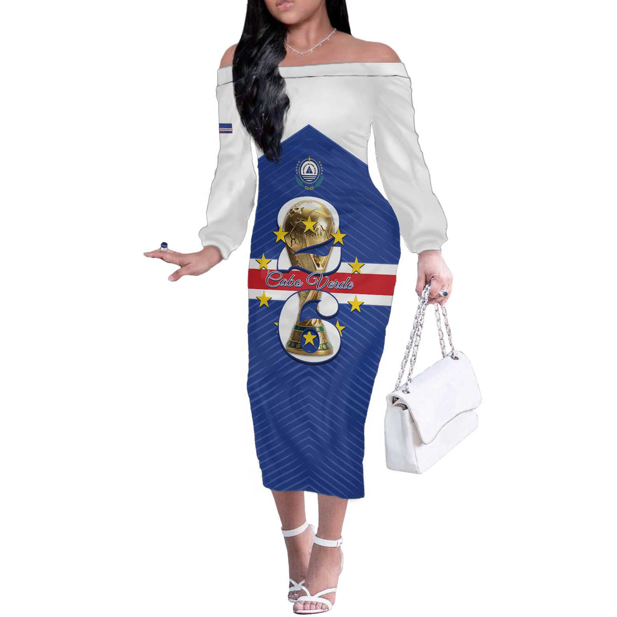 Personalized Cape Verde Football Off The Shoulder Long Sleeve Dress 2026 Tubaroes Azuis First-ever World Cup - Wonder Print Shop