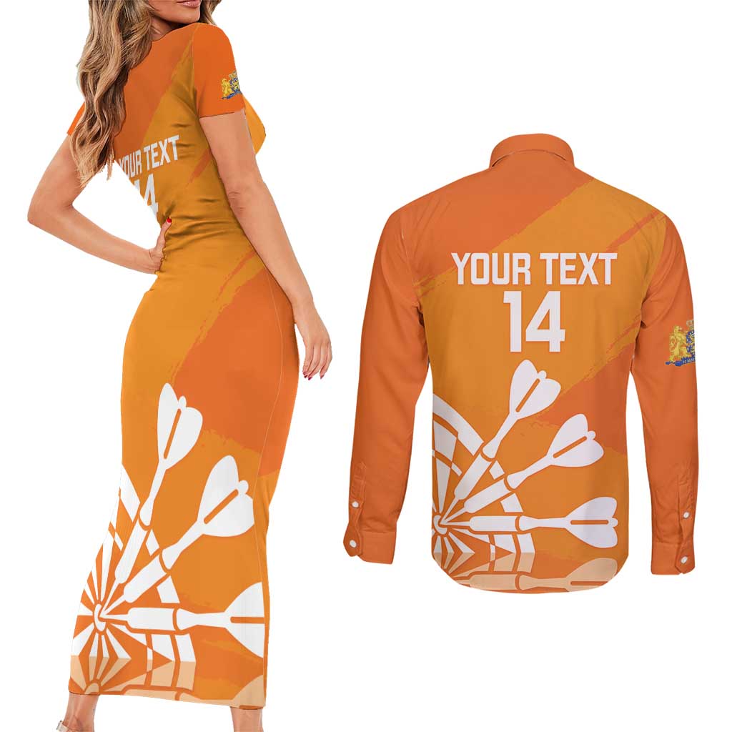Personalised Netherlands Darts Couples Matching Short Sleeve Bodycon Dress and Long Sleeve Button Shirt Holland National Color - Grunge Style - Wonder Print Shop