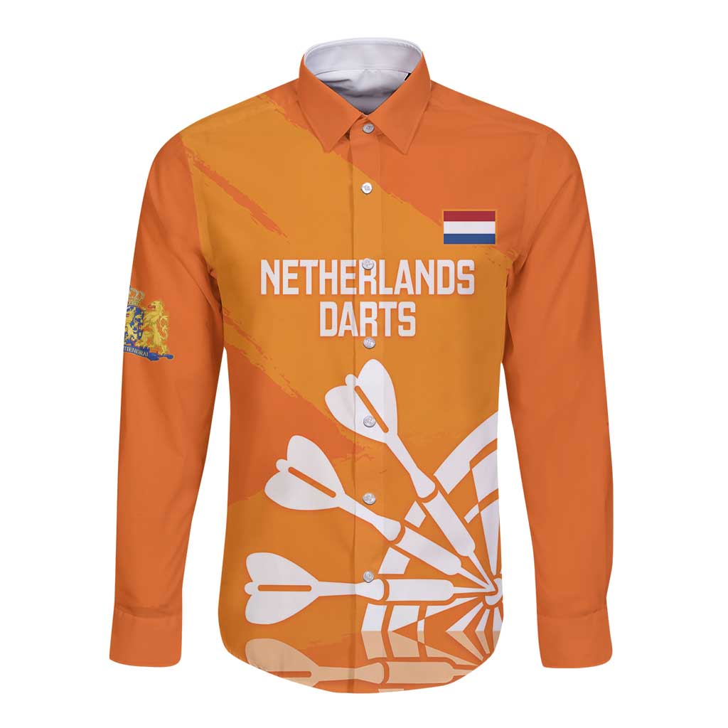 Personalised Netherlands Darts Long Sleeve Button Shirt Holland National Color - Grunge Style - Wonder Print Shop