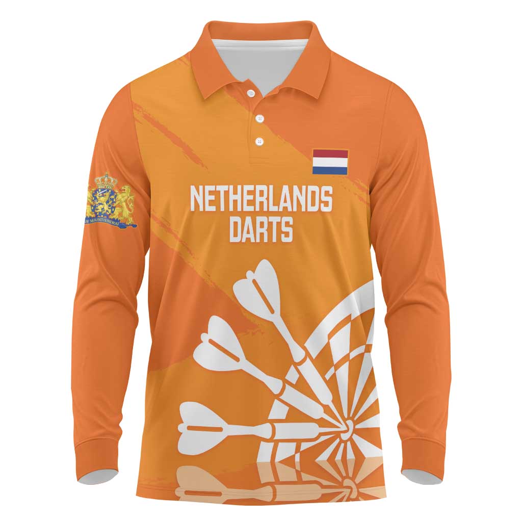 Personalised Netherlands Darts Long Sleeve Polo Shirt Holland National Color - Grunge Style - Wonder Print Shop