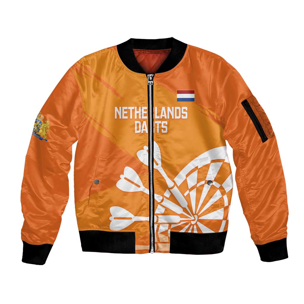 Personalised Netherlands Darts Sleeve Zip Bomber Jacket Holland National Color - Grunge Style - Wonder Print Shop
