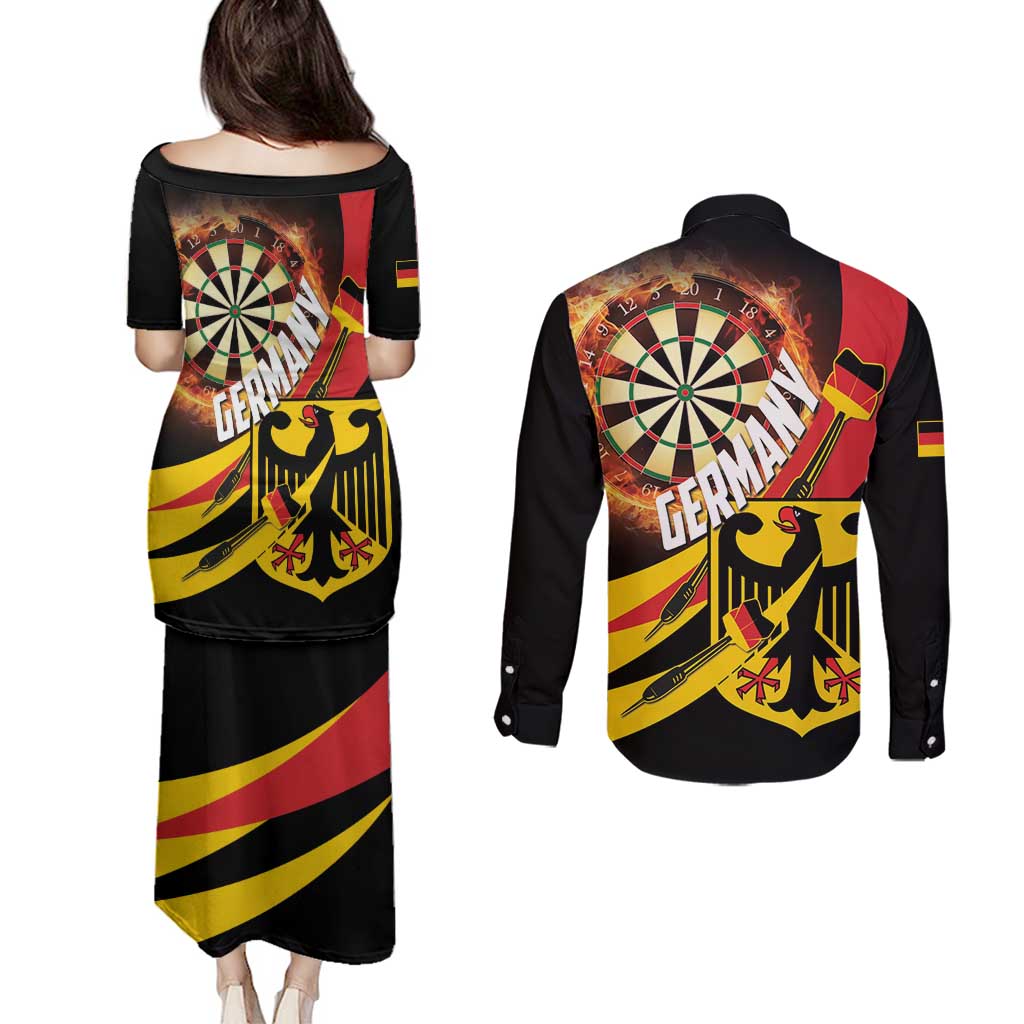 Germany Darts Couples Matching Puletasi and Long Sleeve Button Shirt Flaming Dartboard Style - Wonder Print Shop