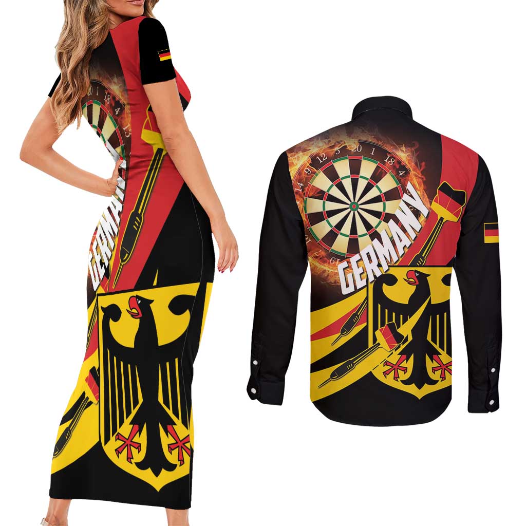Germany Darts Couples Matching Short Sleeve Bodycon Dress and Long Sleeve Button Shirt Flaming Dartboard Style - Wonder Print Shop