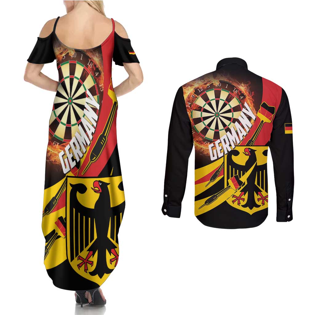 Germany Darts Couples Matching Summer Maxi Dress and Long Sleeve Button Shirt Flaming Dartboard Style - Wonder Print Shop