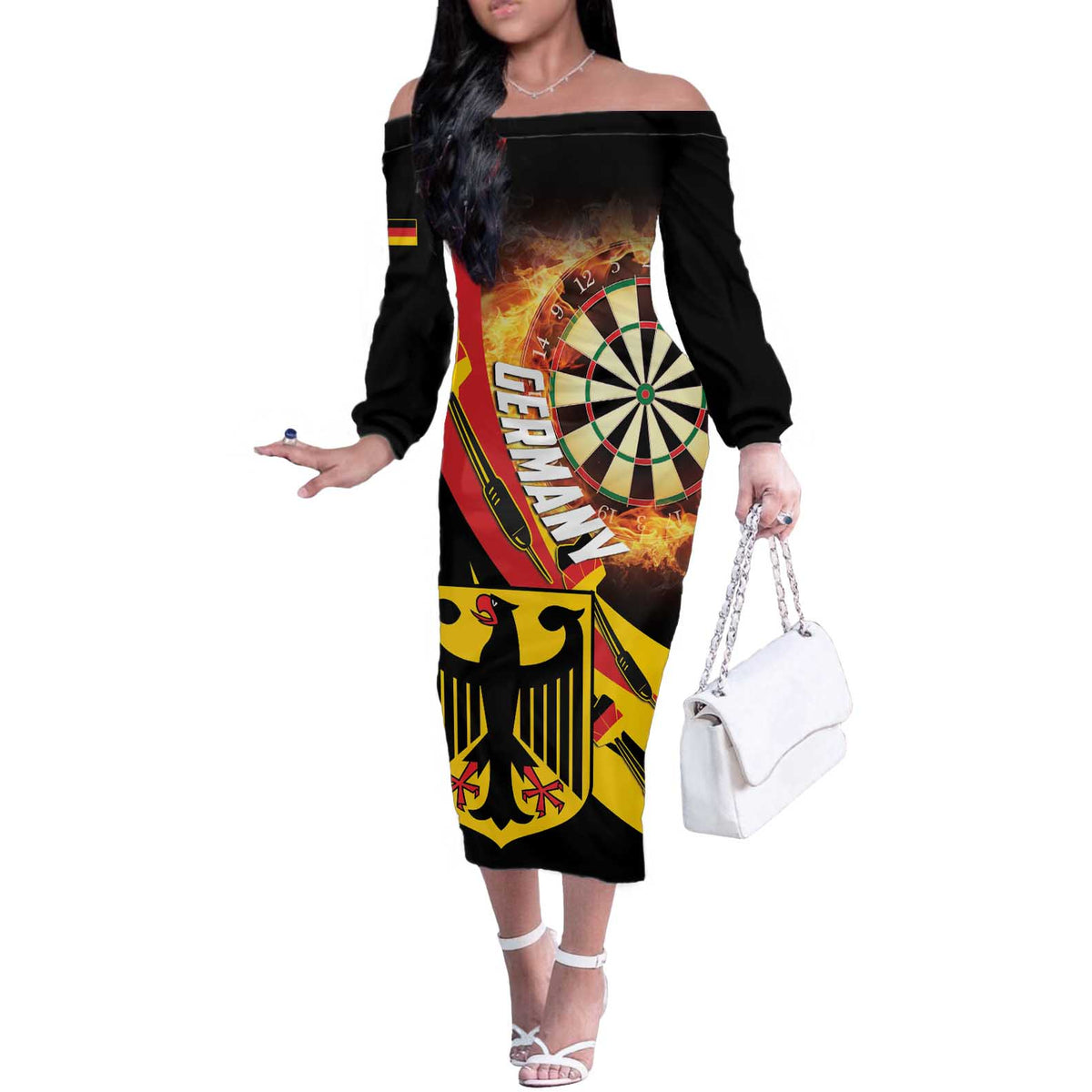 Germany Darts Off The Shoulder Long Sleeve Dress Flaming Dartboard Style - Wonder Print Shop
