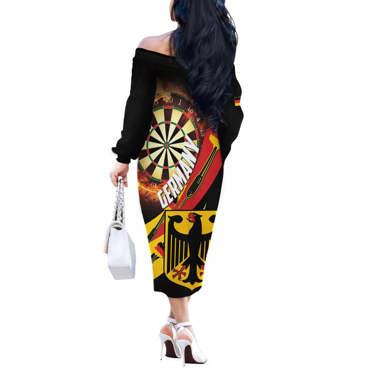 Germany Darts Off The Shoulder Long Sleeve Dress Flaming Dartboard Style - Wonder Print Shop