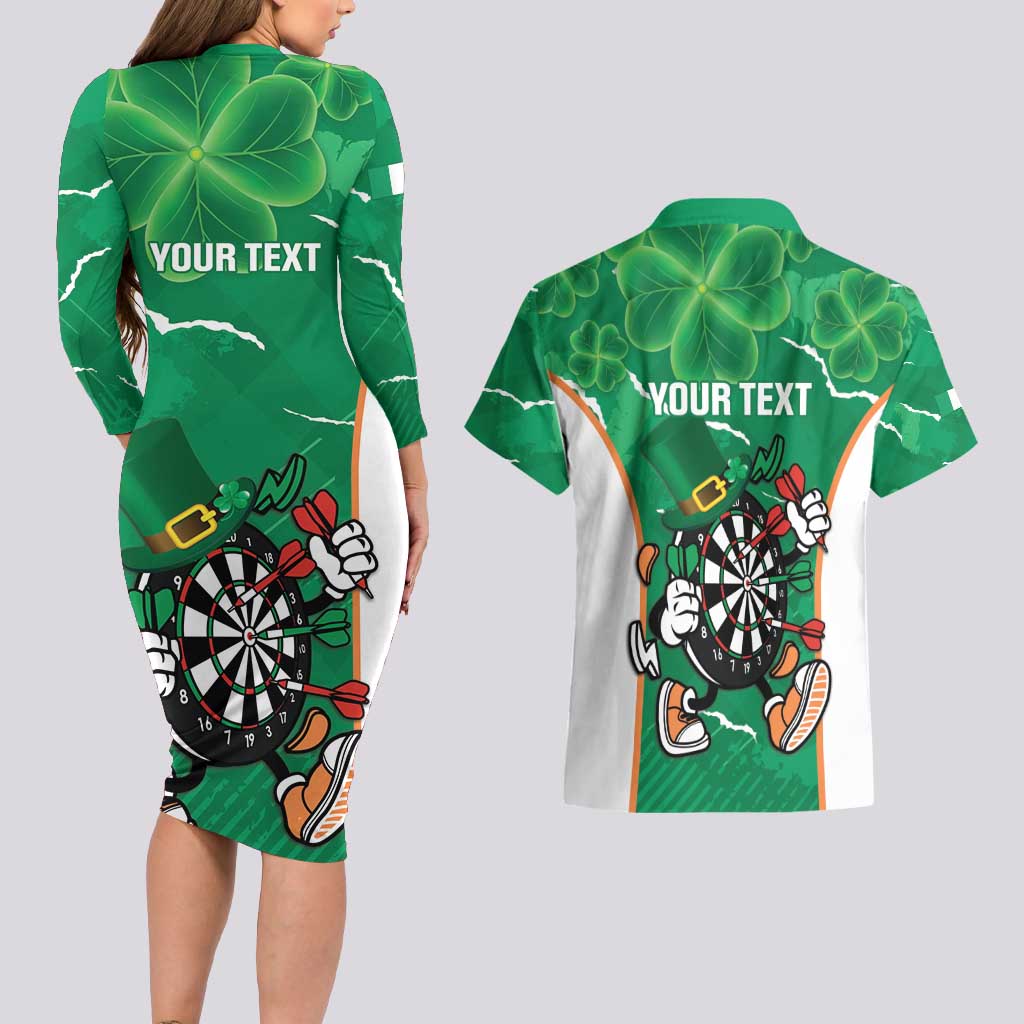 Personalised Ireland Darts Couples Matching Long Sleeve Bodycon Dress and Hawaiian Shirt Irish Dartboard Mascot Shamrock Pattern - Wonder Print Shop