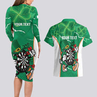 Personalised Ireland Darts Couples Matching Long Sleeve Bodycon Dress and Hawaiian Shirt Irish Dartboard Mascot Shamrock Pattern - Wonder Print Shop