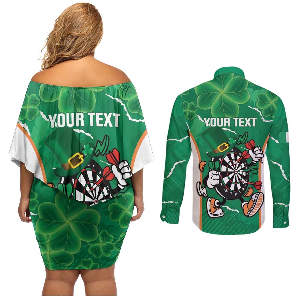 Personalised Ireland Darts Couples Matching Off Shoulder Short Dress and Long Sleeve Button Shirt Irish Dartboard Mascot Shamrock Pattern - Wonder Print Shop