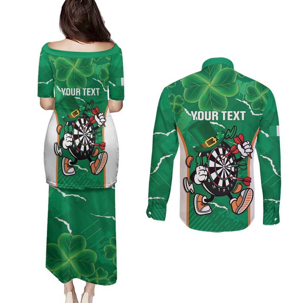 Personalised Ireland Darts Couples Matching Puletasi and Long Sleeve Button Shirt Irish Dartboard Mascot Shamrock Pattern - Wonder Print Shop