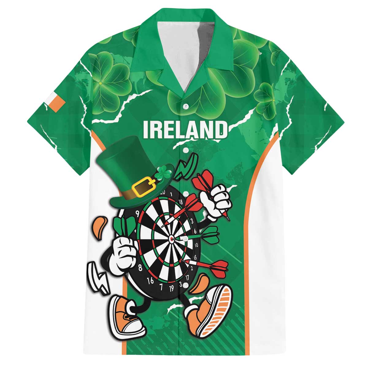 Personalised Ireland Darts Family Matching Off The Shoulder Long Sleeve Dress and Hawaiian Shirt Irish Dartboard Mascot Shamrock Pattern - Wonder Print Shop