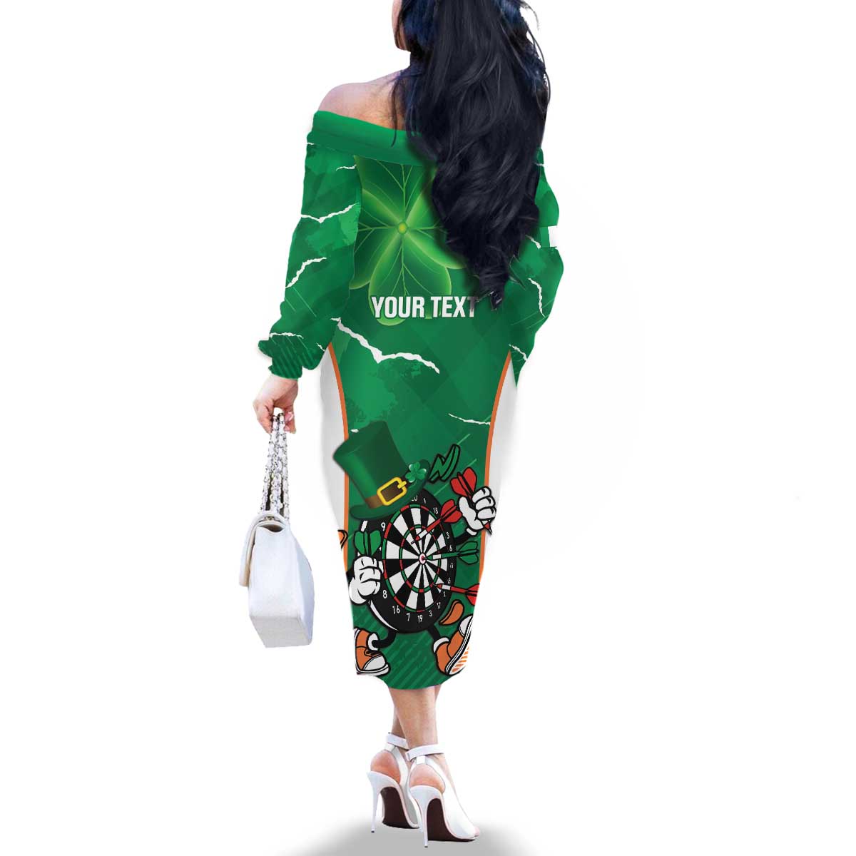 Personalised Ireland Darts Family Matching Off The Shoulder Long Sleeve Dress and Hawaiian Shirt Irish Dartboard Mascot Shamrock Pattern - Wonder Print Shop