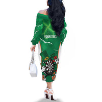 Personalised Ireland Darts Family Matching Off The Shoulder Long Sleeve Dress and Hawaiian Shirt Irish Dartboard Mascot Shamrock Pattern - Wonder Print Shop