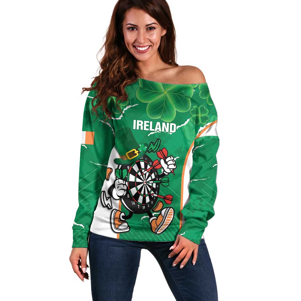Personalised Ireland Darts Off Shoulder Sweater Irish Dartboard Mascot Shamrock Pattern - Wonder Print Shop