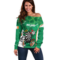 Personalised Ireland Darts Off Shoulder Sweater Irish Dartboard Mascot Shamrock Pattern - Wonder Print Shop