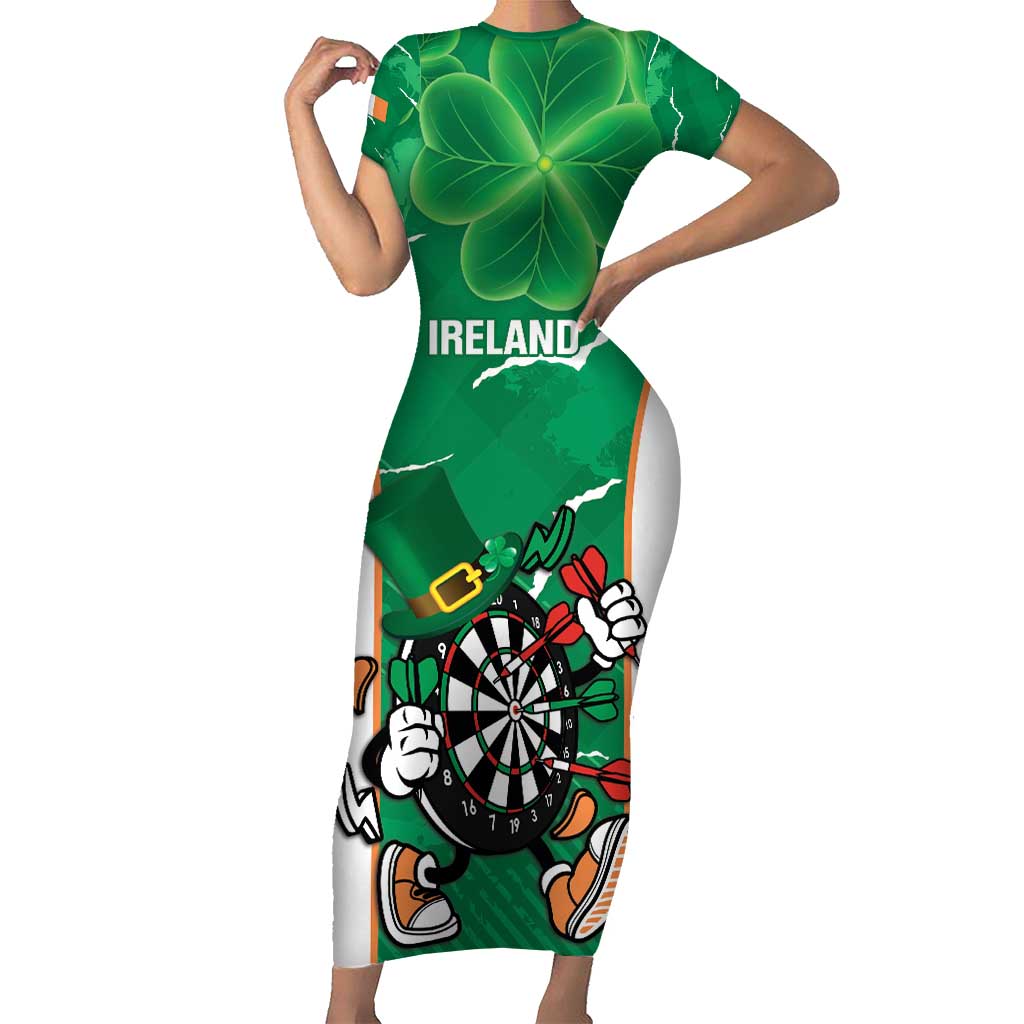 Personalised Ireland Darts Short Sleeve Bodycon Dress Irish Dartboard Mascot Shamrock Pattern - Wonder Print Shop