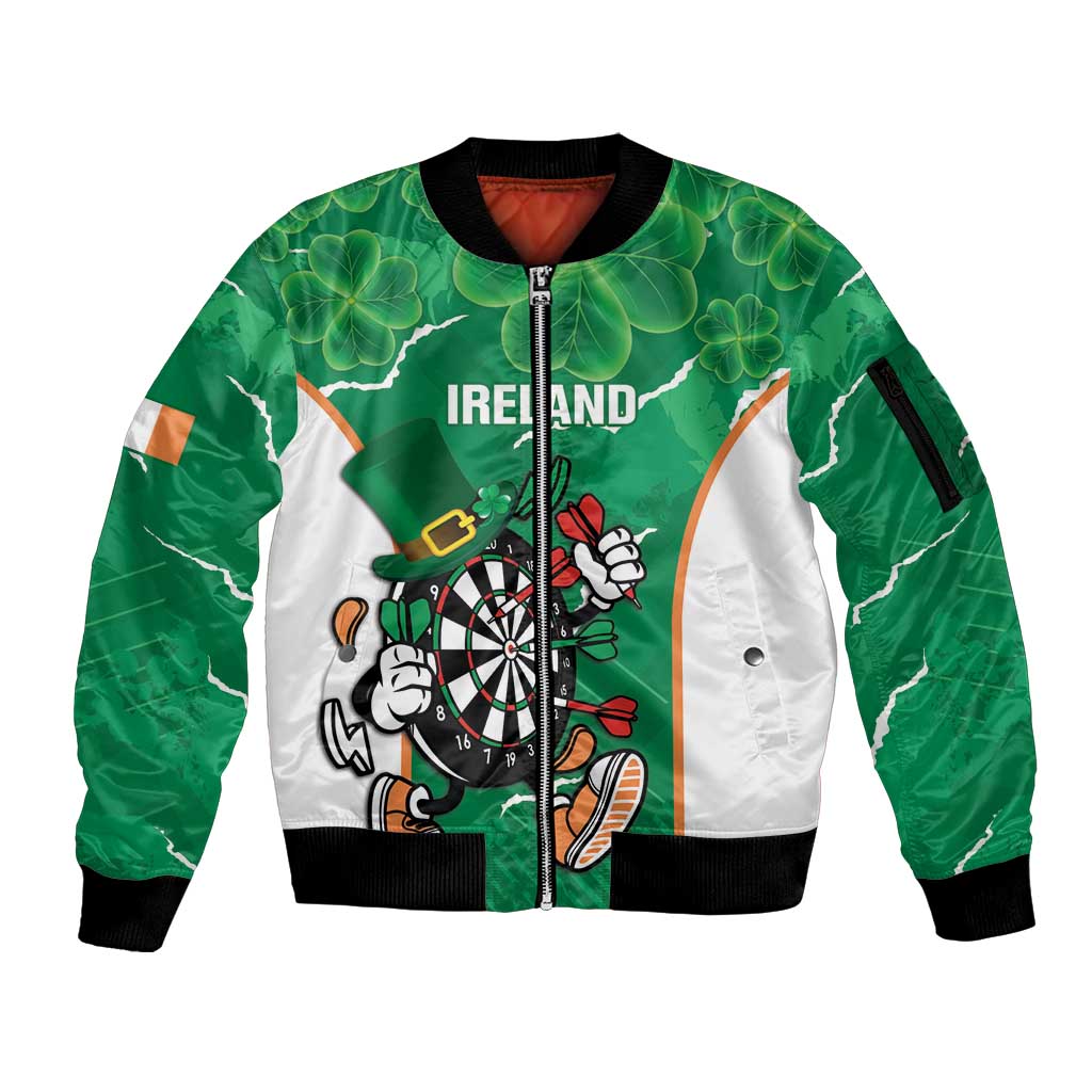 Personalised Ireland Darts Sleeve Zip Bomber Jacket Irish Dartboard Mascot Shamrock Pattern - Wonder Print Shop