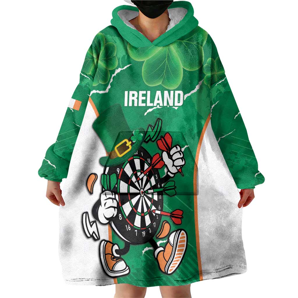 Personalised Ireland Darts Wearable Blanket Hoodie Irish Dartboard Mascot Shamrock Pattern - Wonder Print Shop