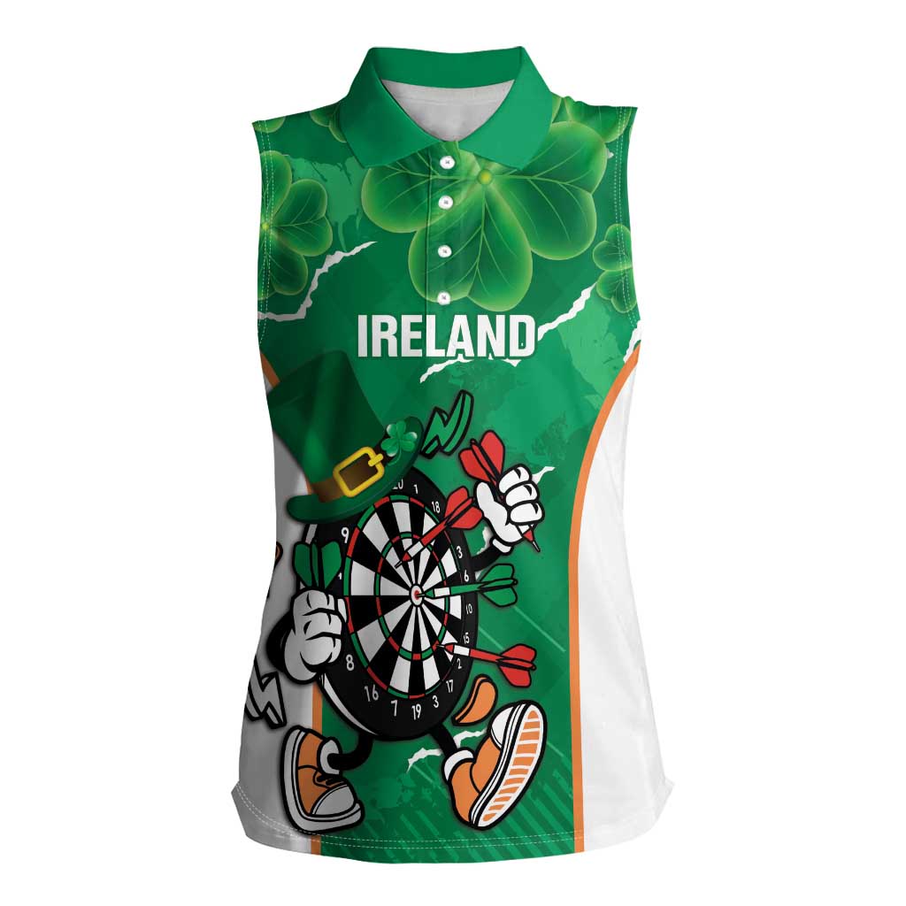 Personalised Ireland Darts Women Sleeveless Polo Shirt Irish Dartboard Mascot Shamrock Pattern - Wonder Print Shop