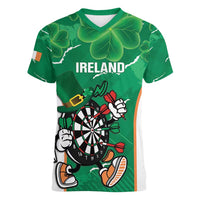 Personalised Ireland Darts Women V-Neck T-Shirt Irish Dartboard Mascot Shamrock Pattern - Wonder Print Shop