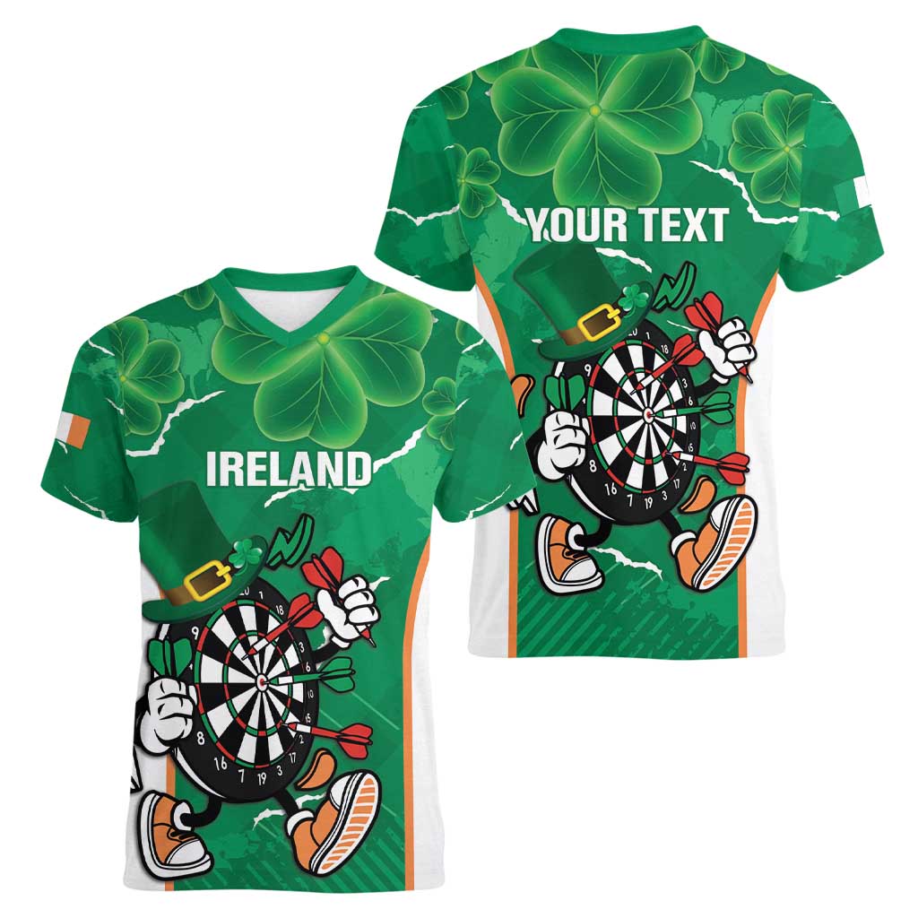 Personalised Ireland Darts Women V-Neck T-Shirt Irish Dartboard Mascot Shamrock Pattern - Wonder Print Shop
