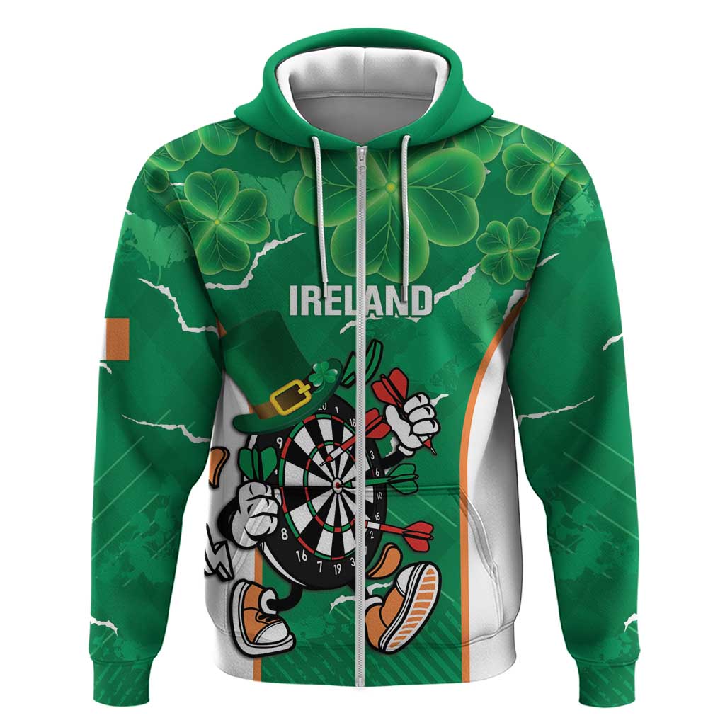 Personalised Ireland Darts Zip Hoodie Irish Dartboard Mascot Shamrock Pattern - Wonder Print Shop