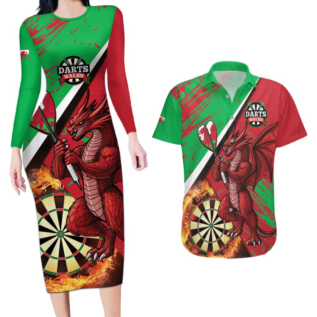 Personalised Wales Darts Couples Matching Long Sleeve Bodycon Dress and Hawaiian Shirt Welsh Dragon - Grunge Style - Wonder Print Shop