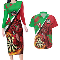 Personalised Wales Darts Couples Matching Long Sleeve Bodycon Dress and Hawaiian Shirt Welsh Dragon - Grunge Style - Wonder Print Shop
