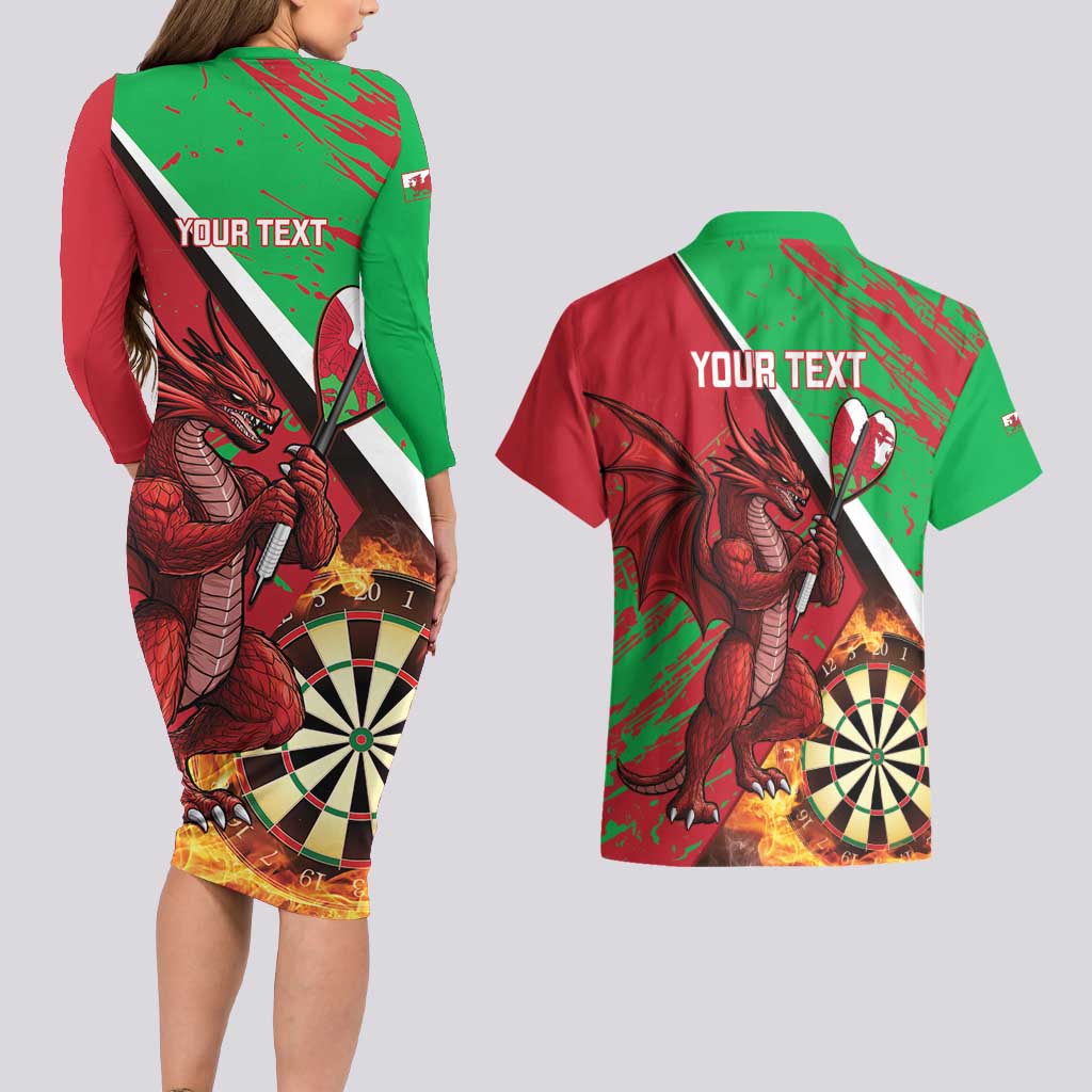 Personalised Wales Darts Couples Matching Long Sleeve Bodycon Dress and Hawaiian Shirt Welsh Dragon - Grunge Style - Wonder Print Shop