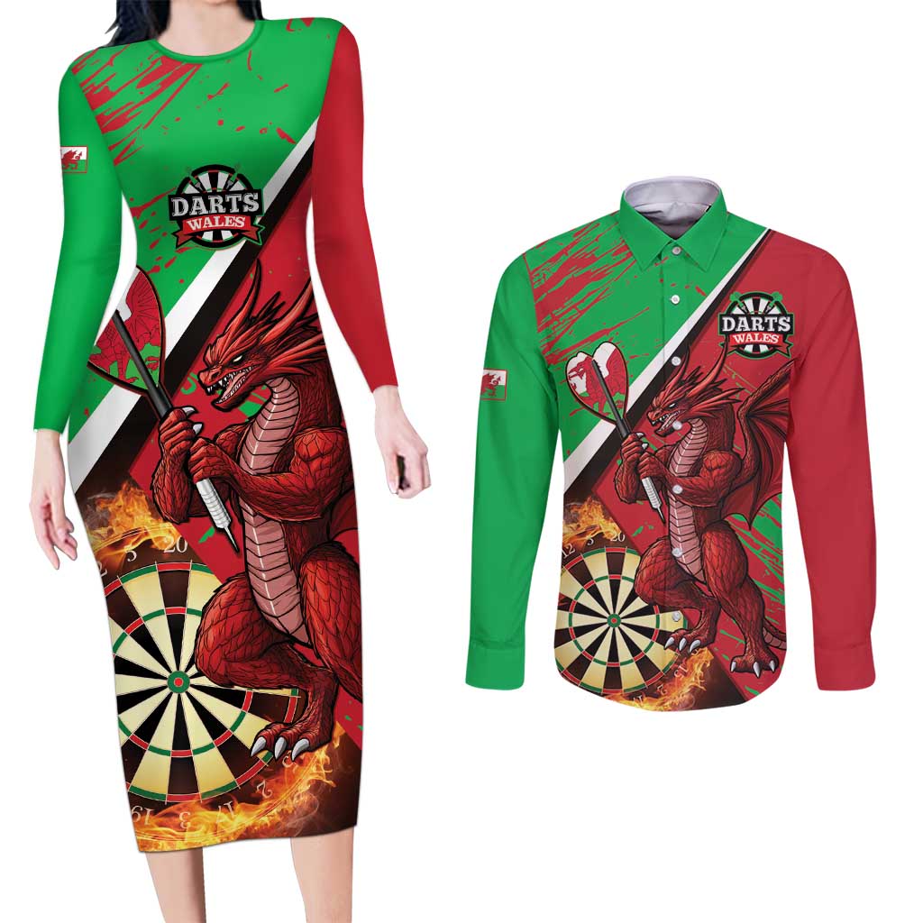 Personalised Wales Darts Couples Matching Long Sleeve Bodycon Dress and Long Sleeve Button Shirt Welsh Dragon - Grunge Style - Wonder Print Shop