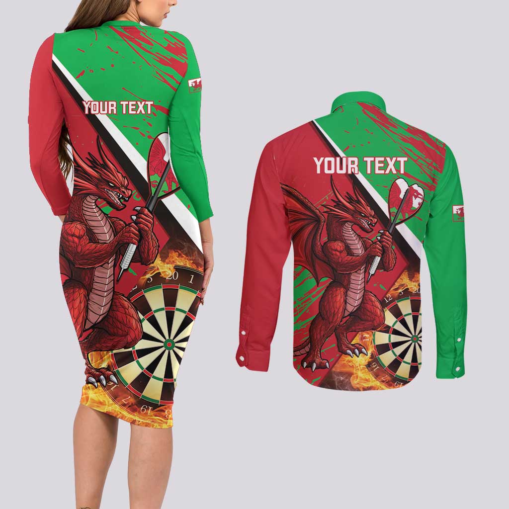 Personalised Wales Darts Couples Matching Long Sleeve Bodycon Dress and Long Sleeve Button Shirt Welsh Dragon - Grunge Style - Wonder Print Shop