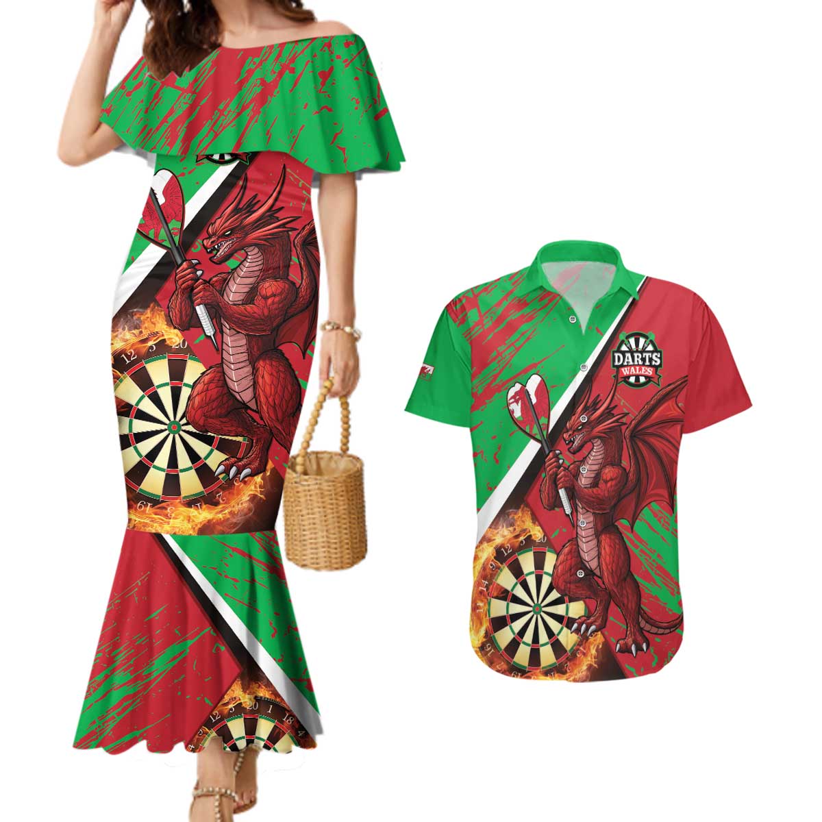 Personalised Wales Darts Couples Matching Mermaid Dress and Hawaiian Shirt Welsh Dragon - Grunge Style - Wonder Print Shop