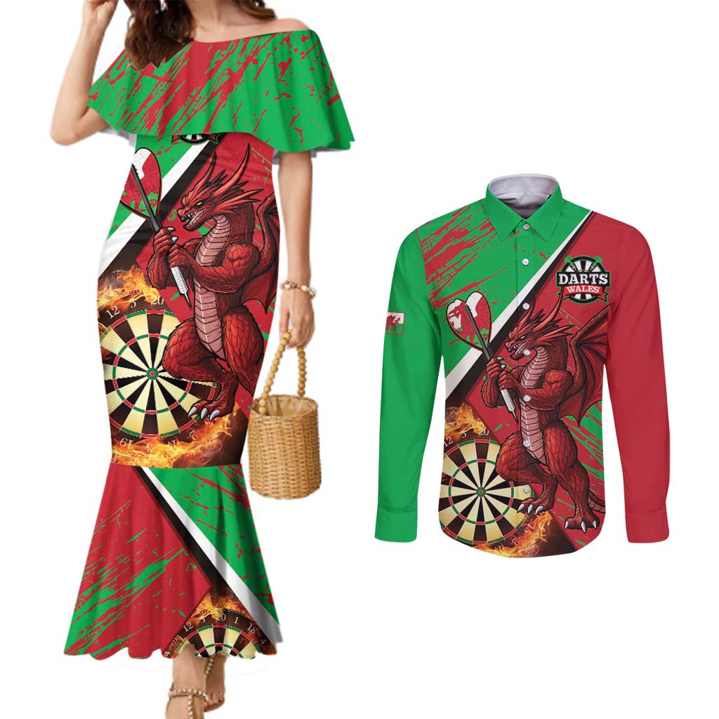Personalised Wales Darts Couples Matching Mermaid Dress and Long Sleeve Button Shirt Welsh Dragon - Grunge Style
