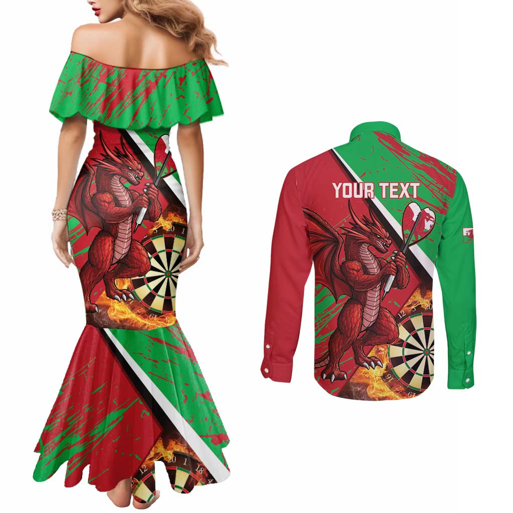 Personalised Wales Darts Couples Matching Mermaid Dress and Long Sleeve Button Shirt Welsh Dragon - Grunge Style
