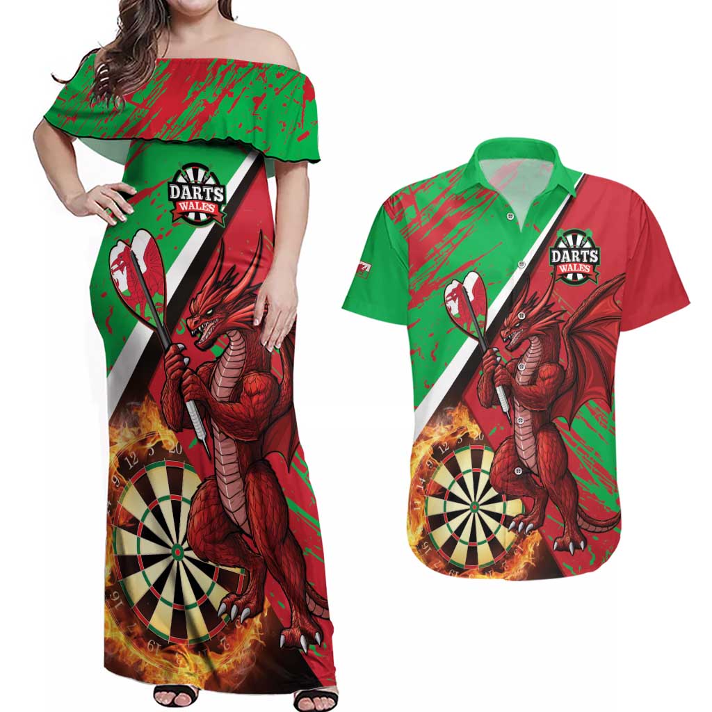 Personalised Wales Darts Couples Matching Off Shoulder Maxi Dress and Hawaiian Shirt Welsh Dragon - Grunge Style - Wonder Print Shop