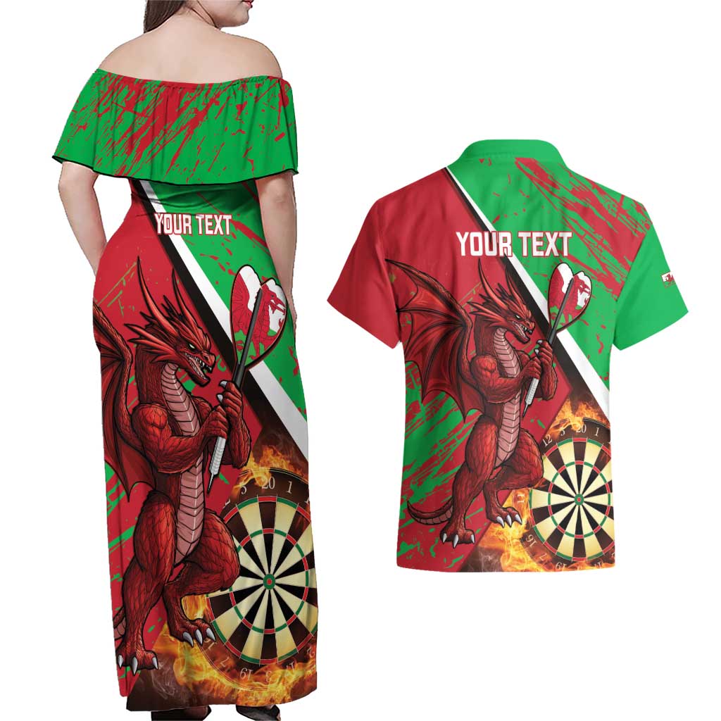 Personalised Wales Darts Couples Matching Off Shoulder Maxi Dress and Hawaiian Shirt Welsh Dragon - Grunge Style - Wonder Print Shop