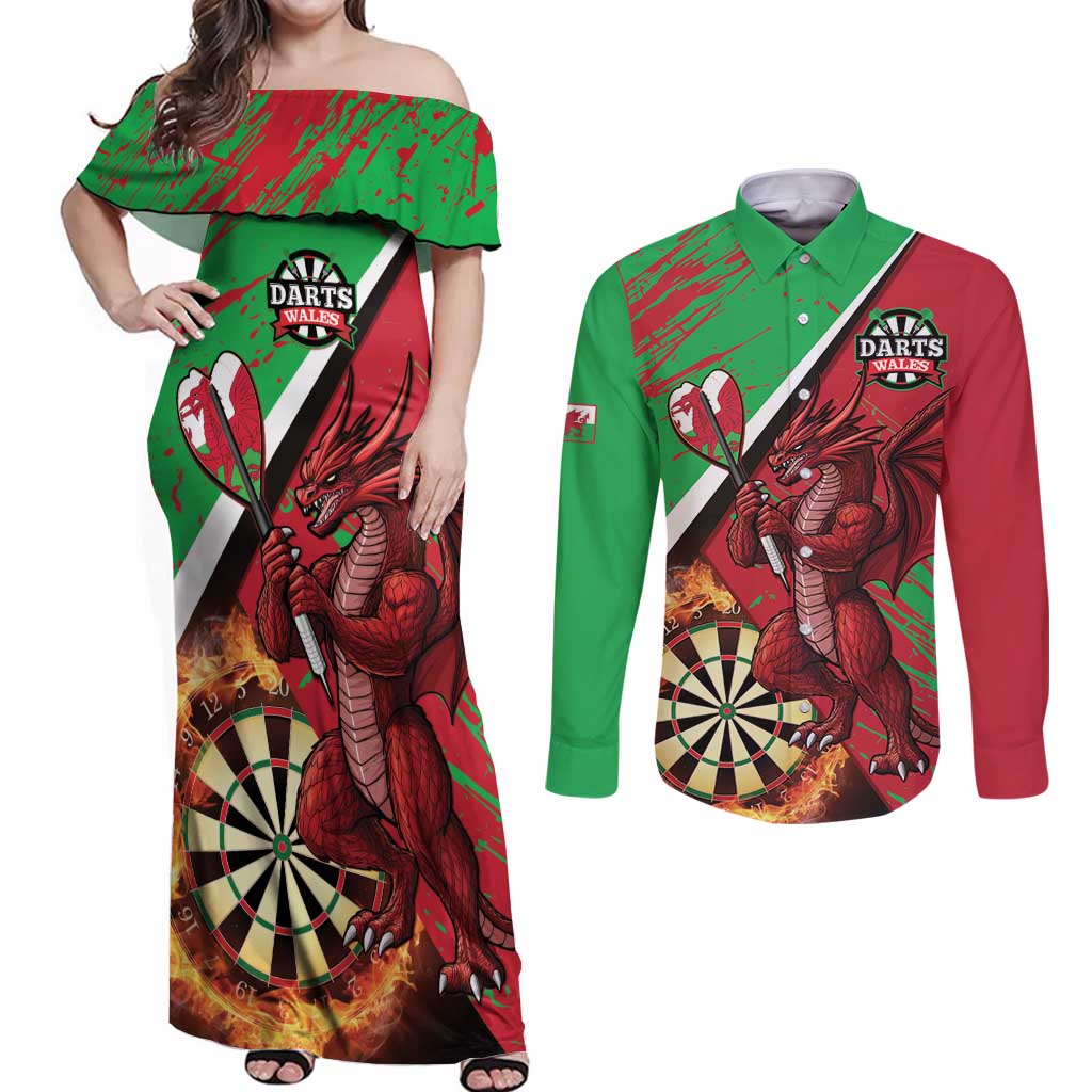 Personalised Wales Darts Couples Matching Off Shoulder Maxi Dress and Long Sleeve Button Shirt Welsh Dragon - Grunge Style - Wonder Print Shop