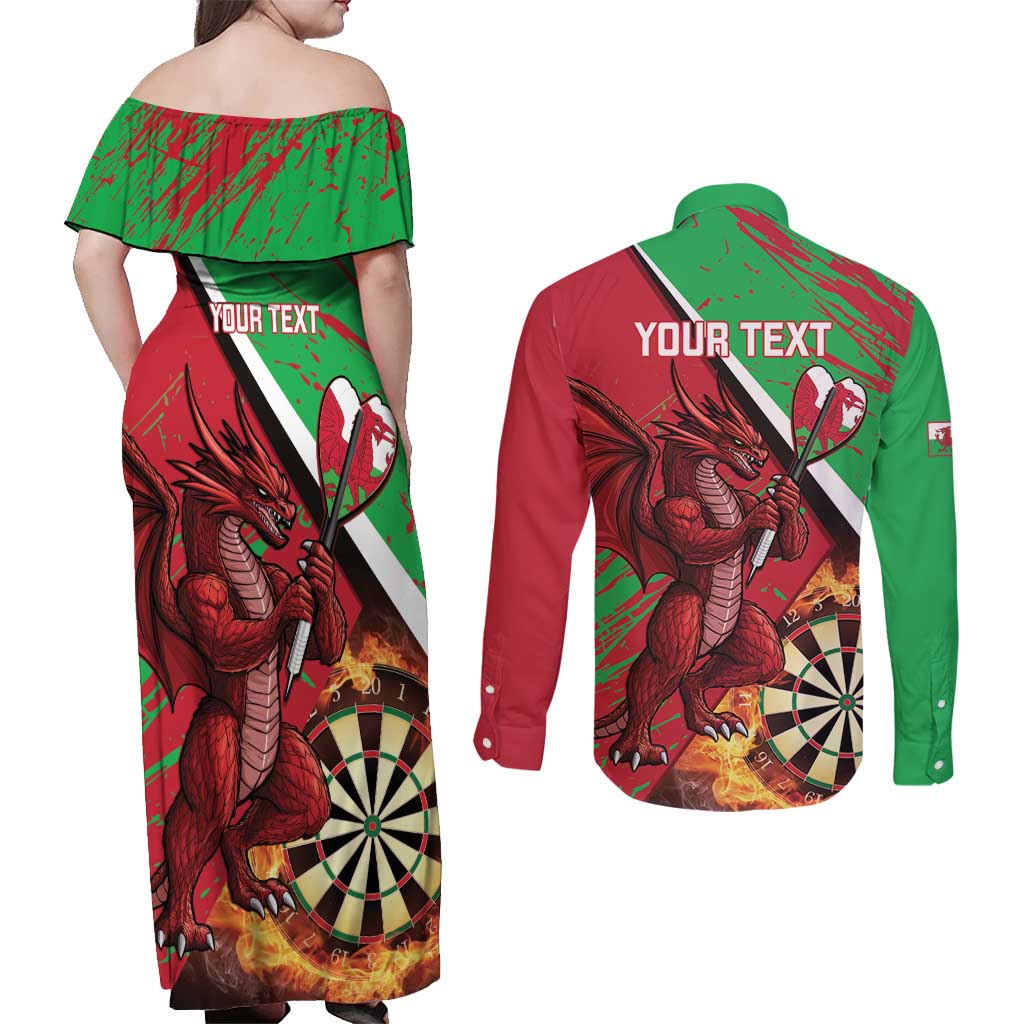 Personalised Wales Darts Couples Matching Off Shoulder Maxi Dress and Long Sleeve Button Shirt Welsh Dragon - Grunge Style - Wonder Print Shop