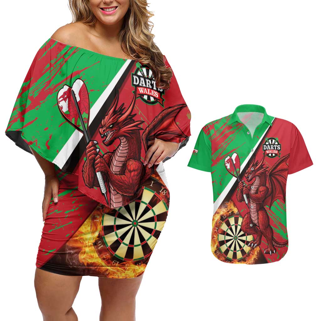 Personalised Wales Darts Couples Matching Off Shoulder Short Dress and Hawaiian Shirt Welsh Dragon - Grunge Style - Wonder Print Shop