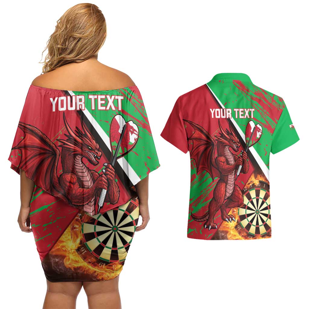 Personalised Wales Darts Couples Matching Off Shoulder Short Dress and Hawaiian Shirt Welsh Dragon - Grunge Style - Wonder Print Shop