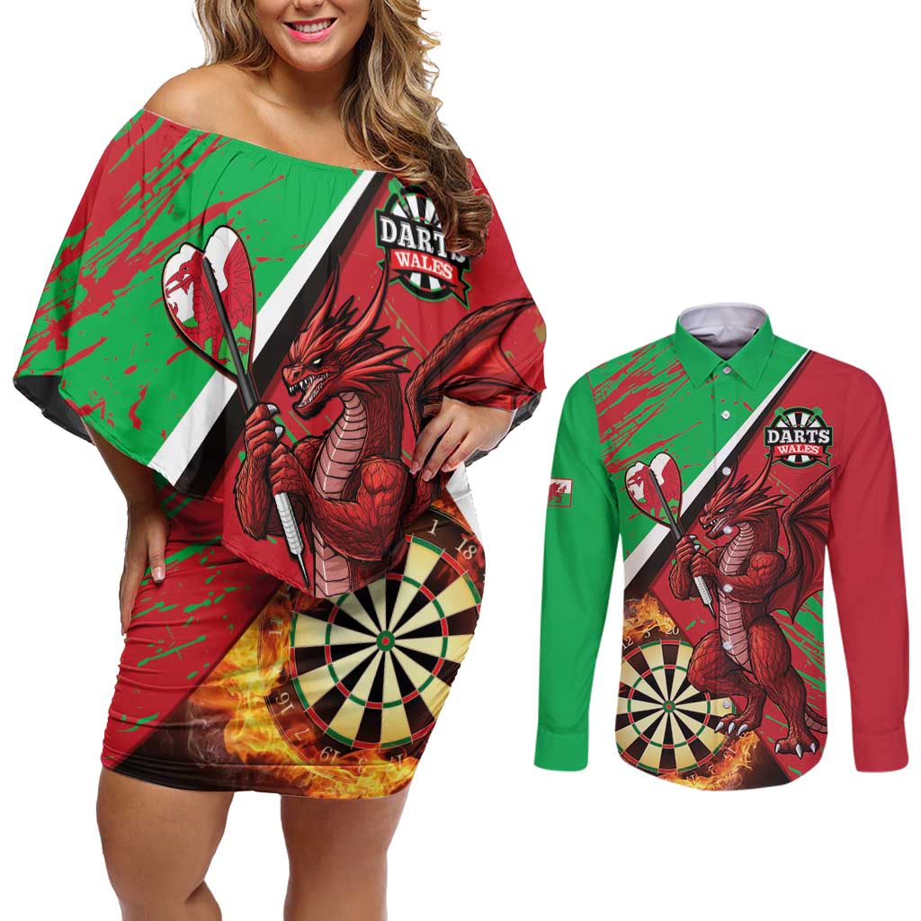 Personalised Wales Darts Couples Matching Off Shoulder Short Dress and Long Sleeve Button Shirt Welsh Dragon - Grunge Style - Wonder Print Shop