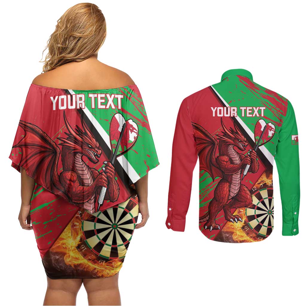 Personalised Wales Darts Couples Matching Off Shoulder Short Dress and Long Sleeve Button Shirt Welsh Dragon - Grunge Style - Wonder Print Shop