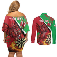 Personalised Wales Darts Couples Matching Off Shoulder Short Dress and Long Sleeve Button Shirt Welsh Dragon - Grunge Style - Wonder Print Shop
