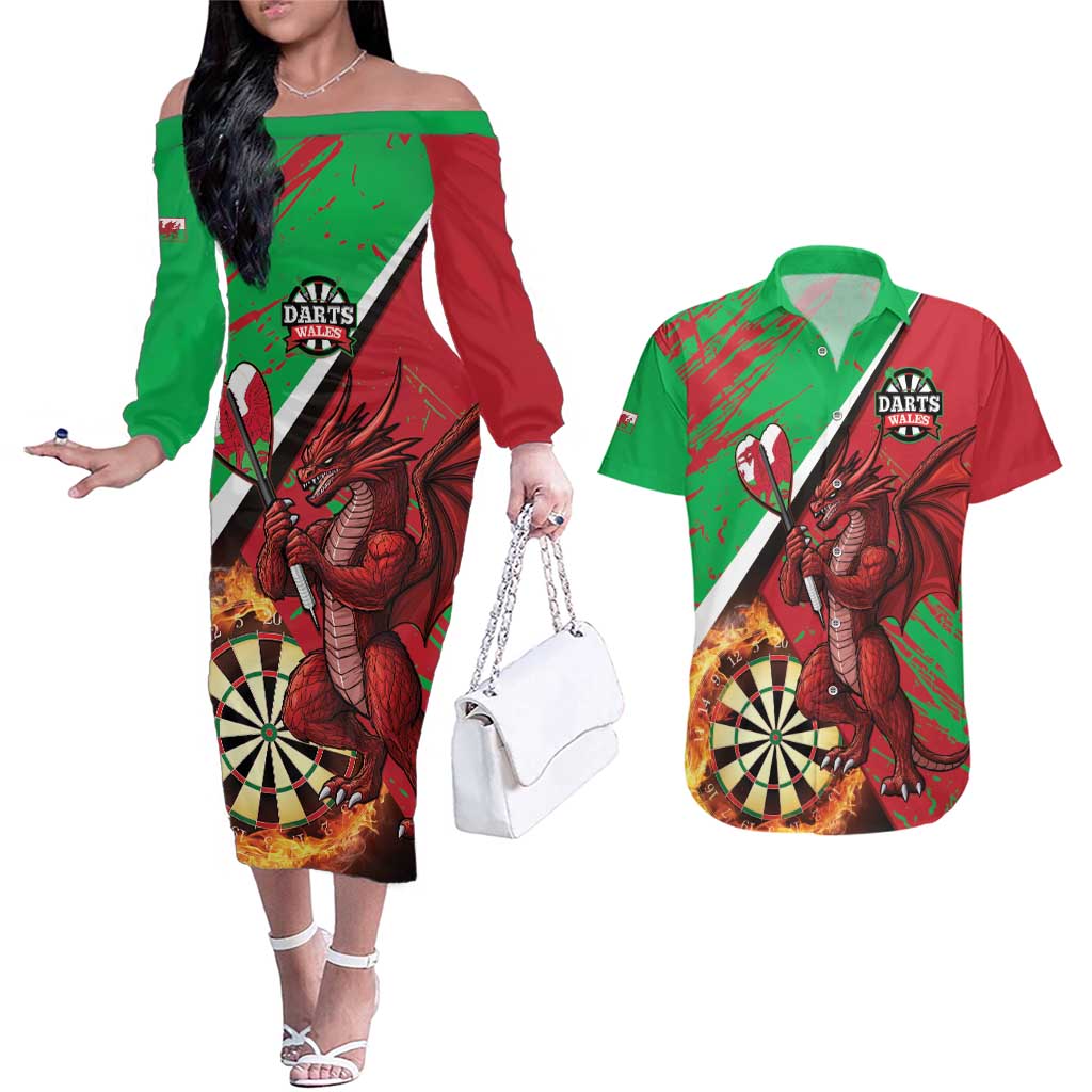 Personalised Wales Darts Couples Matching Off The Shoulder Long Sleeve Dress and Hawaiian Shirt Welsh Dragon - Grunge Style - Wonder Print Shop