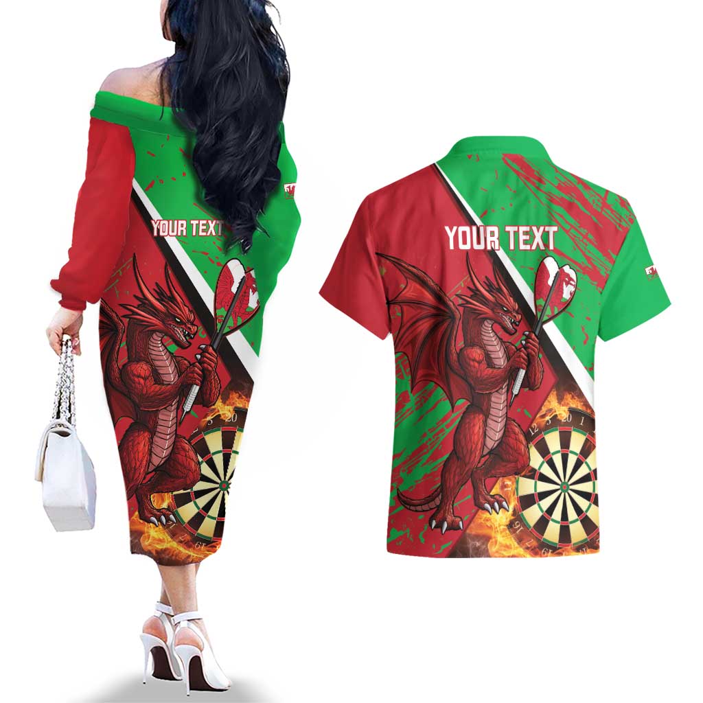 Personalised Wales Darts Couples Matching Off The Shoulder Long Sleeve Dress and Hawaiian Shirt Welsh Dragon - Grunge Style - Wonder Print Shop